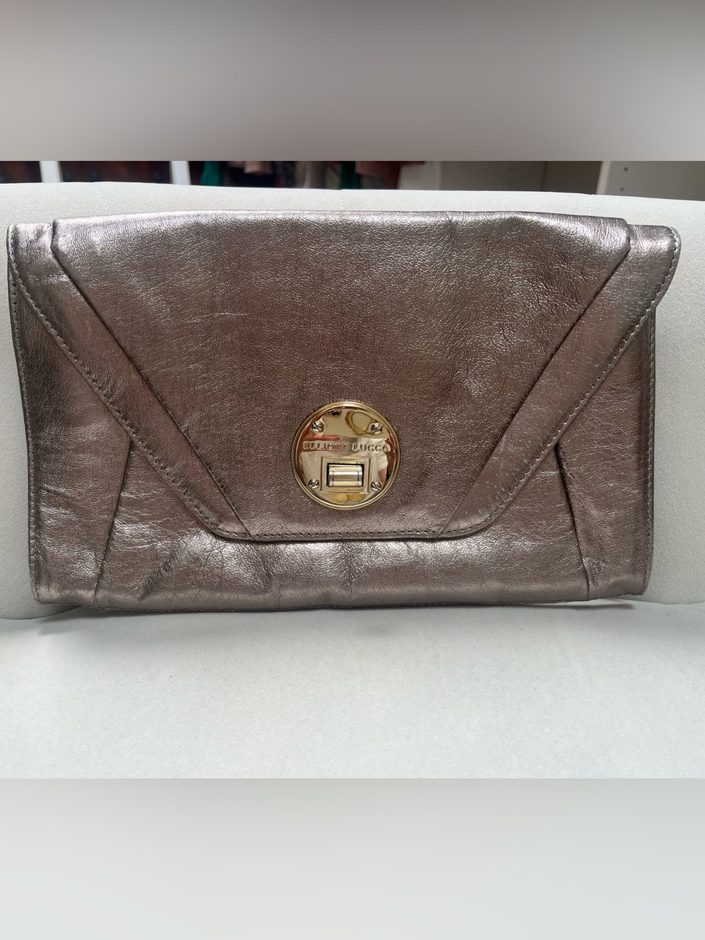Elliott Luca Metallic Taupe Leather Envelope Clutch with Gold Turnlock